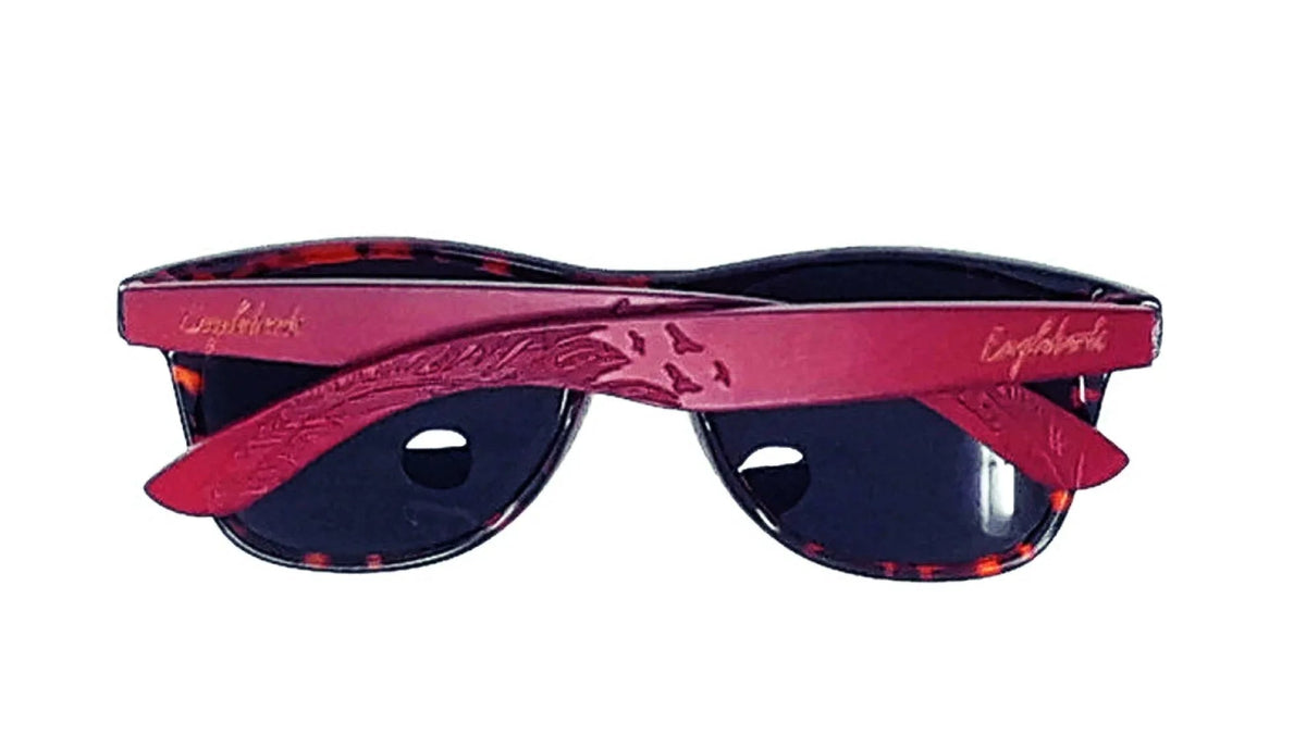 Front view of red bamboo tortoise framed sunglasses with polarized cat 3 lenses.