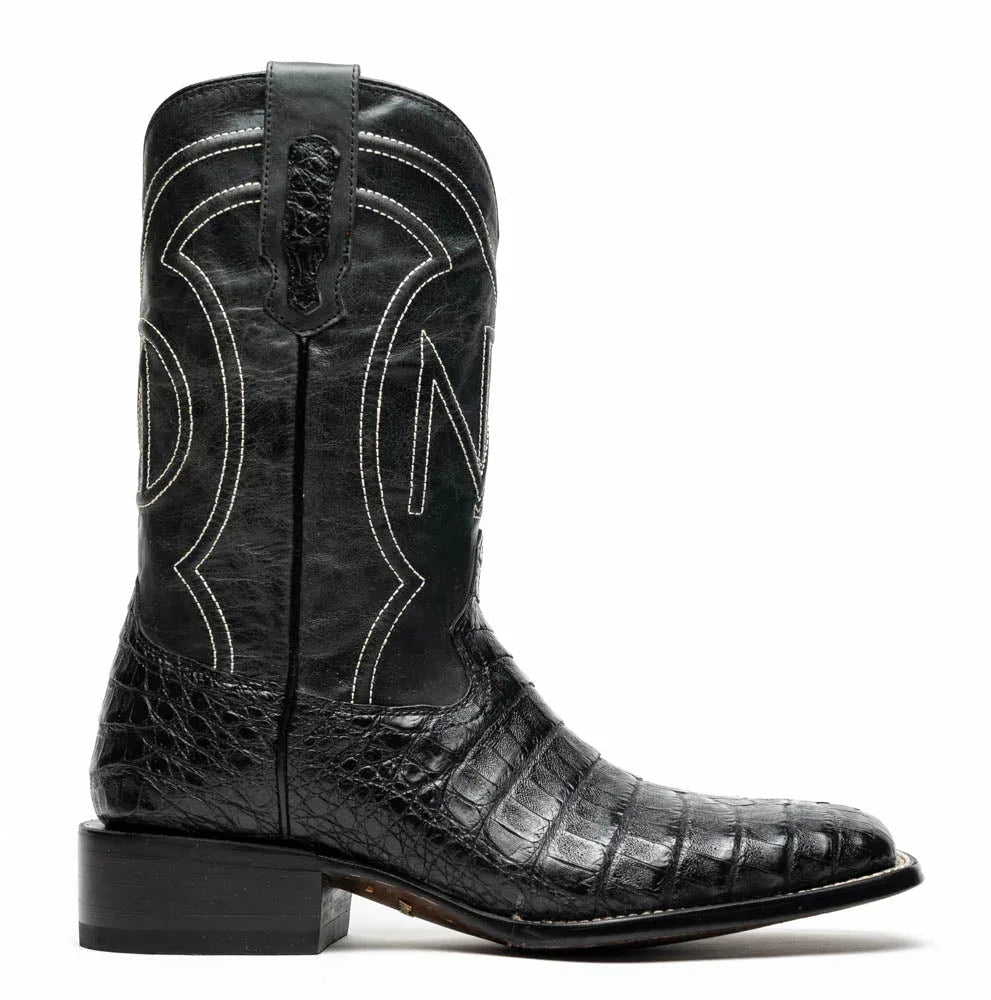 Side view of Tucson Black boot highlighting the sleek silhouette and hand-polished finish.