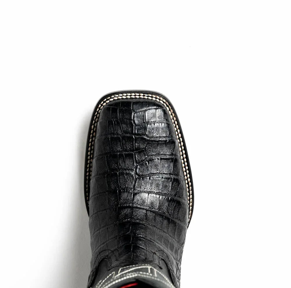 Tucson Black boot from top angle revealing square toe shape and smooth leather accents.