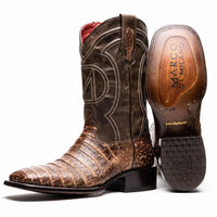 Close-up of Tucson Stone Brown genuine caiman belly skin cowboy boot showing square toe and textured leather.