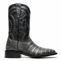 Front angle of Tucson Stone Gray boot highlighting genuine caiman belly skin and square toe design.