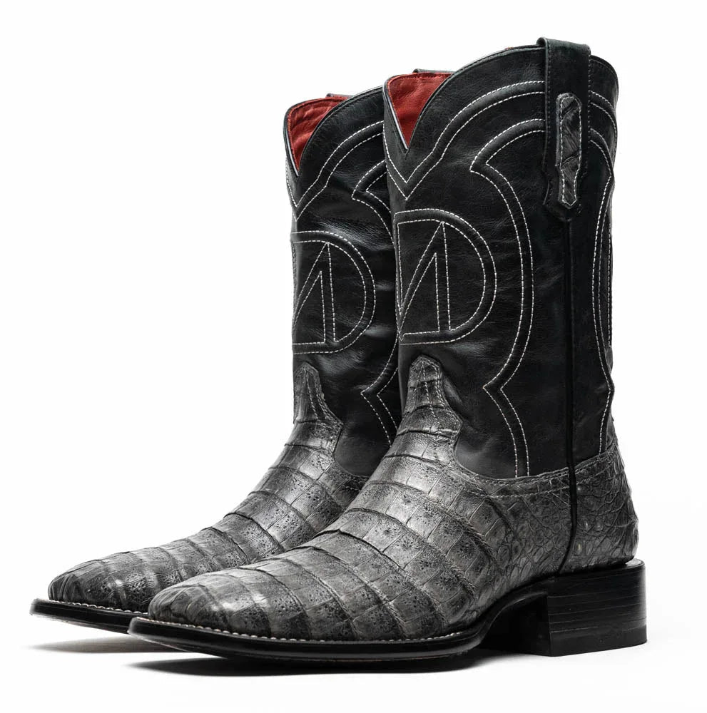 Top view of Tucson Stone Gray cowboy boot displaying intricate leather texture and stitching details.