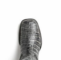 Close-up detail of boot's caiman belly skin pattern and clean leather lines on Tucson Stone Gray.
