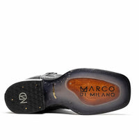 Back view of Tucson Stone Gray cowboy boot revealing heel and signature red interior lining.