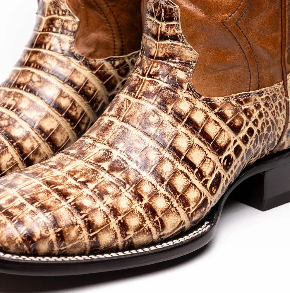 Full side profile of Tucson boot featuring bold square toe and hand-polished exterior