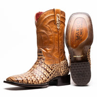Close-up of Tucson Stone Orix cowboy boot showing square toe and caiman belly skin texture
