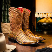 Lifestyle image showing Tucson Mustard Brown cowboy boots styled with casual western outfit outdoors.