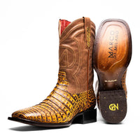 Close-up of Tucson Mustard Brown caiman belly skin cowboy boot with square toe and textured leather.
