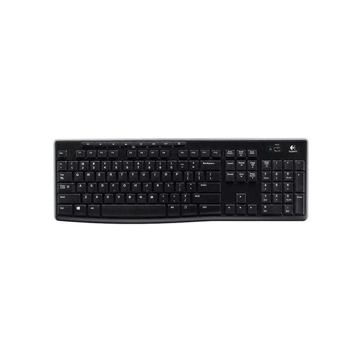 Front view of LOGITECH K270 wireless keyboard with black keys on a white background.