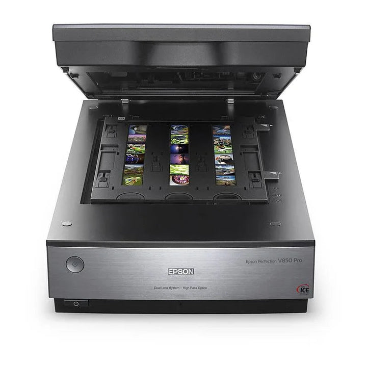 Top view of EPSON V850 flatbed scanner with transparent lid and control buttons on the right side