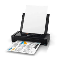 Front view of EPSON WF100 compact inkjet printer with paper tray open
