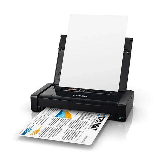 Front view of EPSON WF100 compact inkjet printer with paper tray open