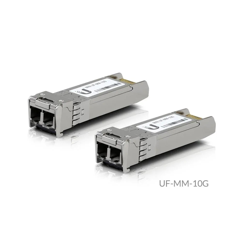 Two Ubiquiti UF-MM-10G multi-mode fiber SFP modules with LC connectors on white background