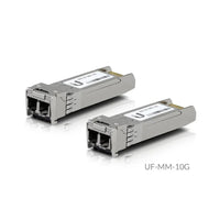 Two Ubiquiti UF-MM-10G multi-mode fiber SFP modules with LC connectors on white background