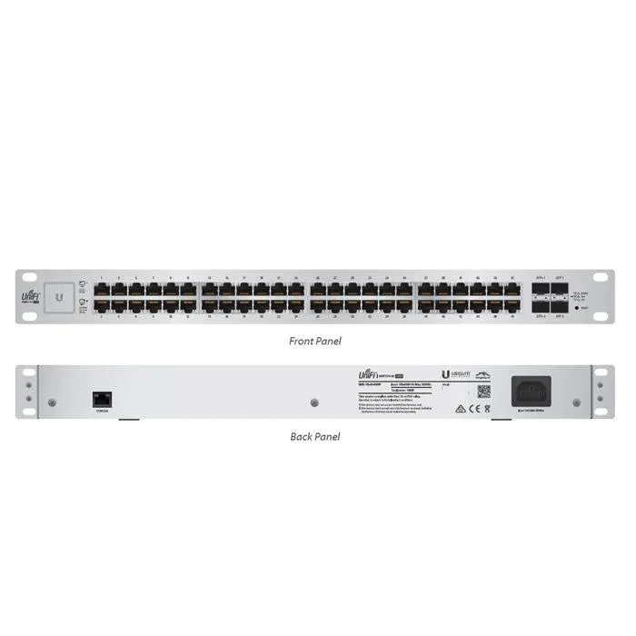 Front view of Ubiquiti UniFi 48-port Gigabit switch with managed PoE and SFP ports on a white background