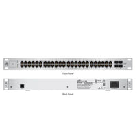 Front view of Ubiquiti UniFi 48-port Gigabit switch with managed PoE and SFP ports on a white background