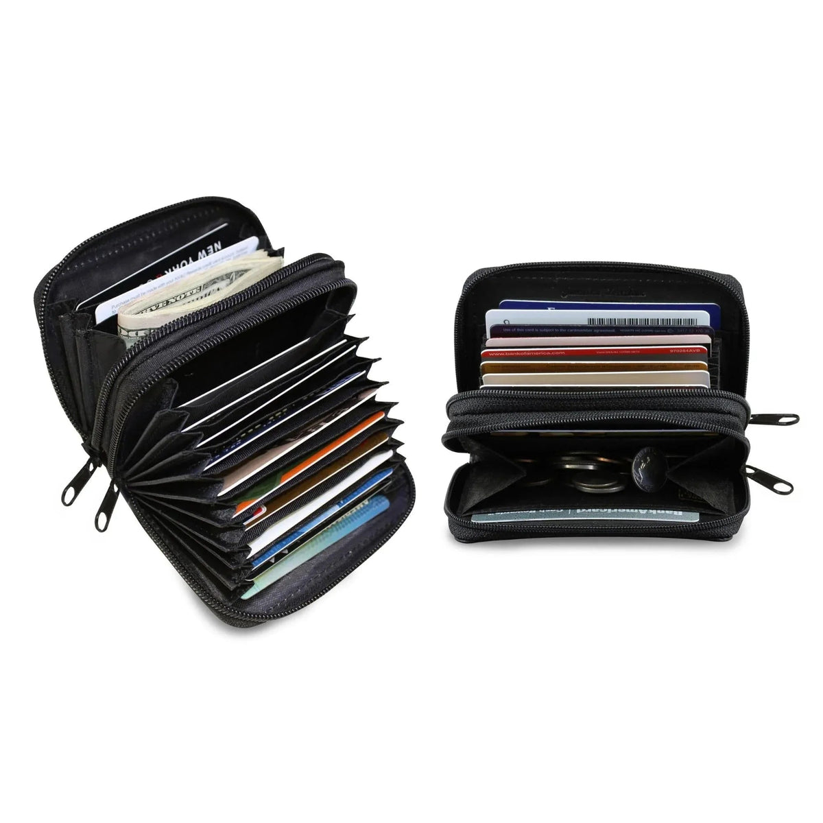 Compact leather wallet open showing multiple card slots and ID display window with cards inside.