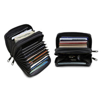 Compact leather wallet open showing multiple card slots and ID display window with cards inside.