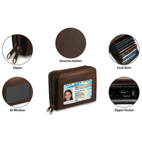 Leather wallet highlighting zipper compartments for bills, coins, and receipts, shown from above.