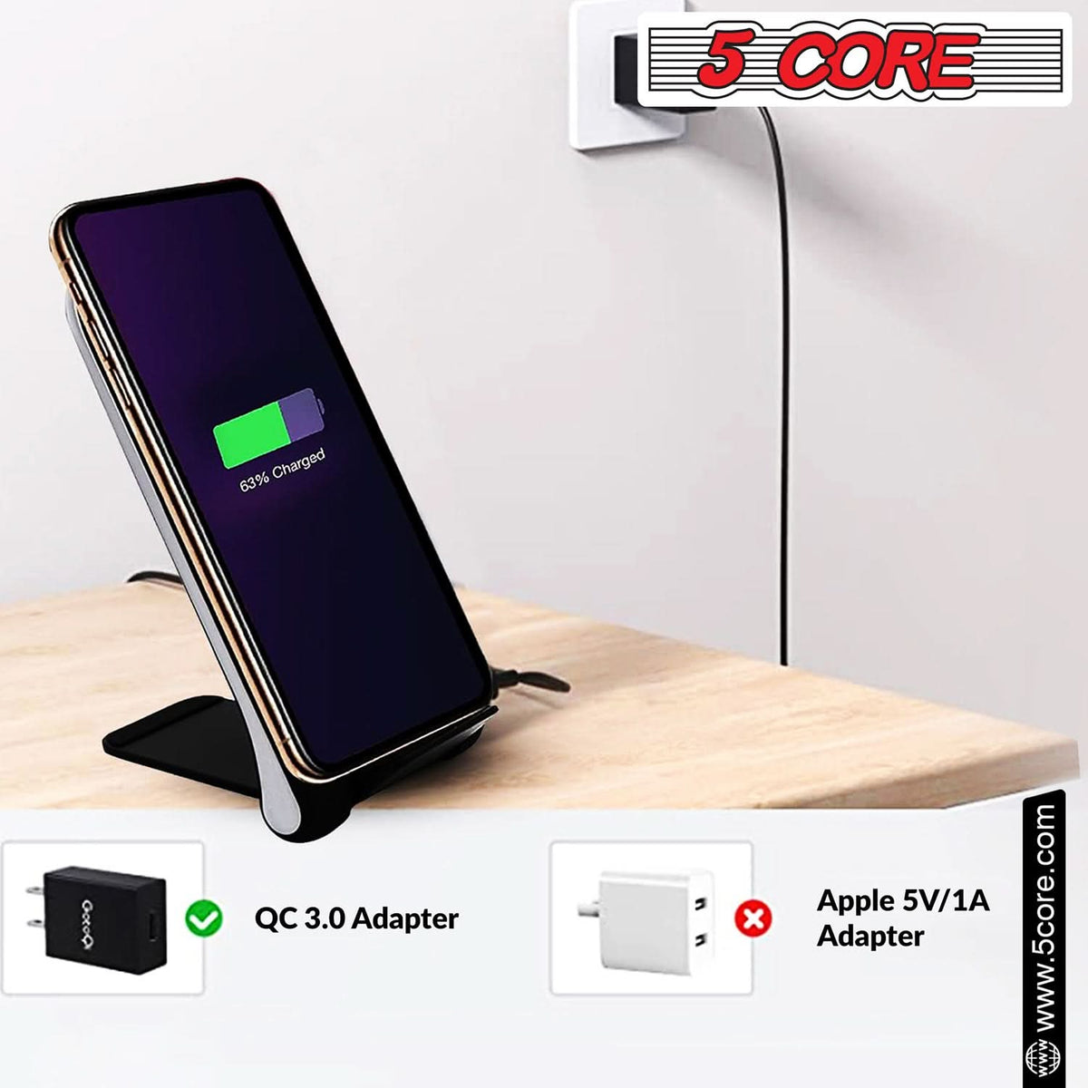 Wireless charging station on a desk with smartphone placed securely on textured non-slip surface.