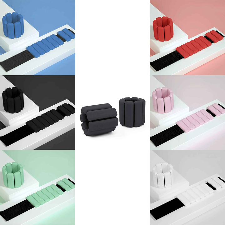 A pair of gray silicone-coated wrist or ankle weights with adjustable Velcro straps, each weighing 1 pound.